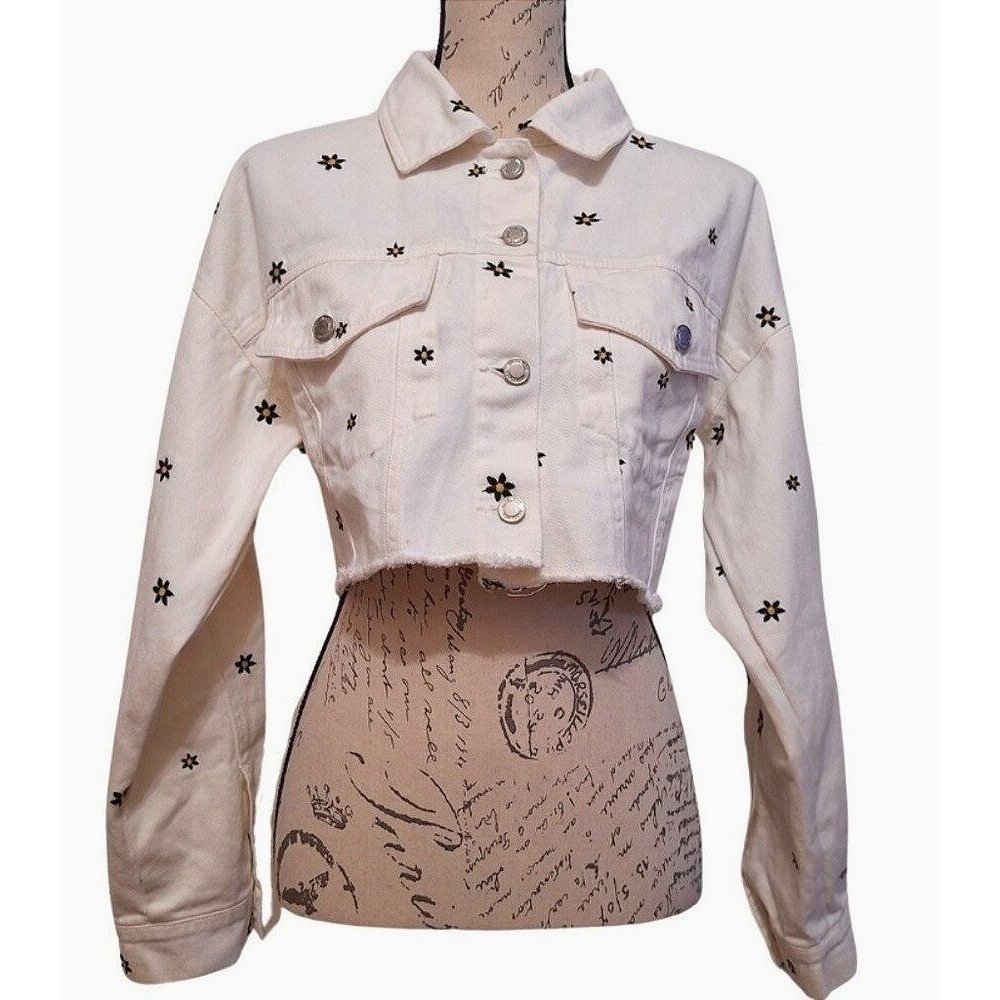 Angel Kiss Womens Daisy Embroidered Crop Denim Jacket S Raw Hem Country Cowgirl